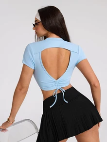 Dewbera Dewbera Kaos Olahraga Wanita Minimalis Model Crop dengan Leher Bulat dan Lengan Pendek - Biru - View 4