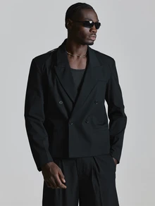 Musero Overiszed Crop Boxy Blazer With Shoulder Epaulettes Double Breasted Fastening Co Ord Blazer Only Autum Winter Essentials - Black - View 1