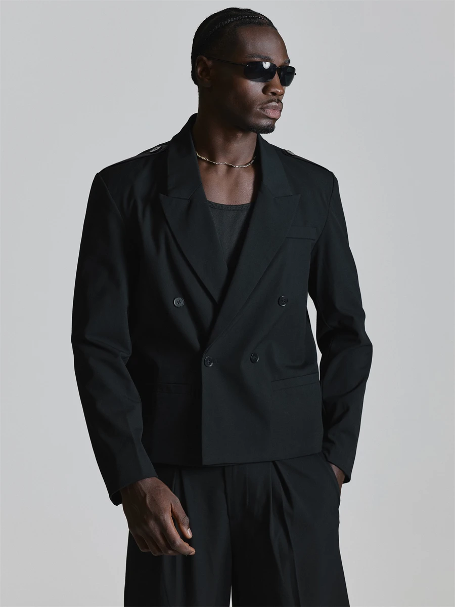 Musero Overiszed Crop Boxy Blazer With Shoulder Epaulettes Double Breasted Fastening Co Ord Blazer Only Autum Winter Essentials - Black - View 1