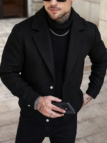 Manfinity CasualCool Men's Black Lapel Collar Open Front Slim Fit Commuter Casual Wool Blend Jacket - Black - View 5