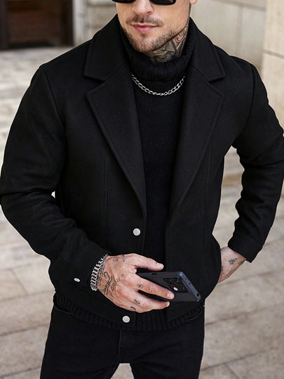 Manfinity Homme Chaqueta casual de lana mezclada con cuello de solapa, corte slim y frente abierto para hombre, color negro, estilo commuter