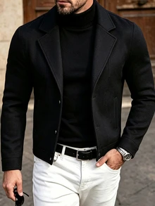 Manfinity CasualCool Men's Black Lapel Collar Open Front Slim Fit Commuter Casual Wool Blend Jacket - Black - View 1