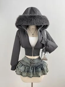 Elamini 女款秋冬時尚戶外街頭風杏色復古拼接短毛領連帽收腰立領長袖短版棉襖外套 - 灰色 - 查看 7