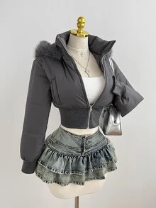 Elamini 女款秋冬時尚戶外街頭風杏色復古拼接短毛領連帽收腰立領長袖短版棉襖外套 - 灰色 - 查看 6