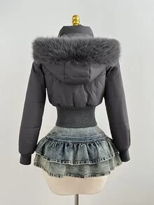 Elamini 女款秋冬時尚戶外街頭風杏色復古拼接短毛領連帽收腰立領長袖短版棉襖外套 - 灰色 - 查看 3