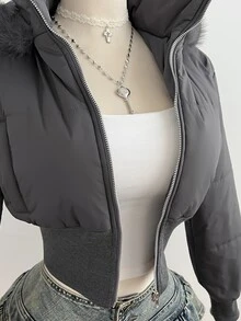 Elamini 女款秋冬時尚戶外街頭風杏色復古拼接短毛領連帽收腰立領長袖短版棉襖外套 - 灰色 - 查看 4