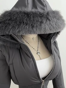 Elamini 女款秋冬時尚戶外街頭風杏色復古拼接短毛領連帽收腰立領長袖短版棉襖外套 - 灰色 - 查看 5