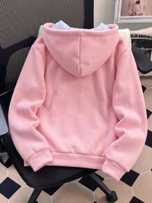 SHEIN 少女可愛小狗印花拉鍊連帽外套，條紋內裡休閒外套，適合返校穿著，秋季返校穿搭，中厚款適合秋冬 - 粉色 - 查看 2