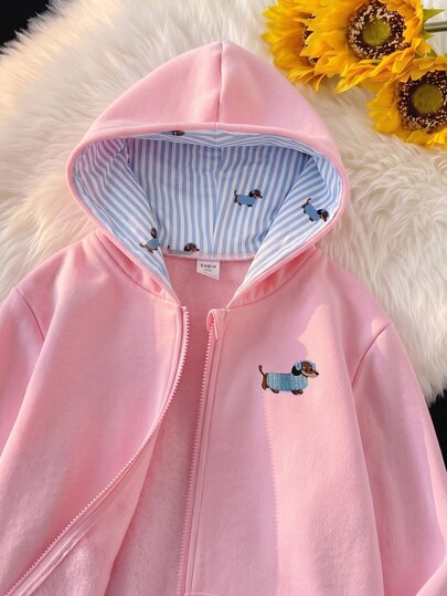 SHEIN Tween Girls Cute Puppy Print Zipper Hoodie Jacket, Striped Lining Casual Outerwear, Suitable For Back To School Clothes Girls, Autumn Back To School Outfit, Mid-Thick For Fall/Winter
