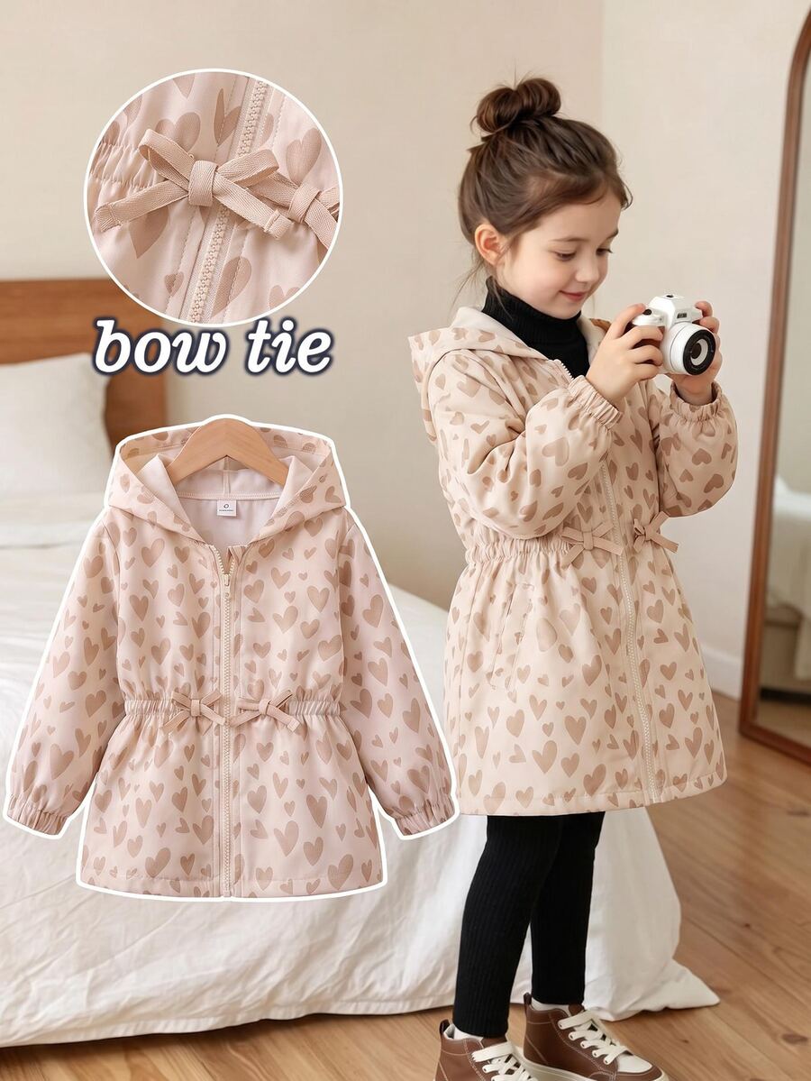 SHEIN Genkimix Kids 女童連帽極簡風外套,秋季新款,波點連帽設計,適合上學穿著 - 杏色 - 查看 1