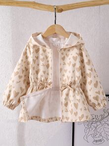 SHEIN Genkimix Kids 女童連帽極簡風外套，秋季新款，波點連帽設計，適合上學穿著 - 杏色 - 查看 3