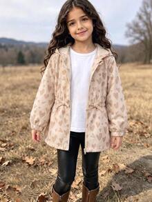SHEIN Genkimix Kids 女童連帽極簡風外套，秋季新款，波點連帽設計，適合上學穿著 - 杏色 - 查看 10