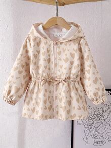 SHEIN Genkimix Kids 女童連帽極簡風外套，秋季新款，波點連帽設計，適合上學穿著 - 杏色 - 查看 7