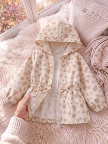 SHEIN Genkimix Kids 女童連帽極簡風外套，秋季新款，波點連帽設計，適合上學穿著 - 杏色 - 查看 4