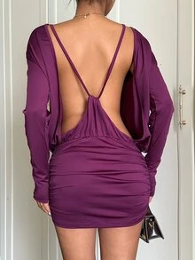 Aloruh Vestido de manga larga nuevo para otoño/invierno para mujer, vestido morado profundo, vestido sexy sin espalda, vestido mini para salir de noche, cita nocturna, club, vestidos elegantes para mujer - Rojo violeta - Ver 4