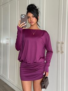 Aloruh Vestido de manga larga nuevo para otoño/invierno para mujer, vestido morado profundo, vestido sexy sin espalda, vestido mini para salir de noche, cita nocturna, club, vestidos elegantes para mujer - Rojo violeta - Ver 3