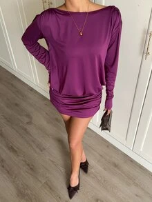 Aloruh Vestido de manga larga nuevo para otoño/invierno para mujer, vestido morado profundo, vestido sexy sin espalda, vestido mini para salir de noche, cita nocturna, club, vestidos elegantes para mujer - Rojo violeta - Ver 5