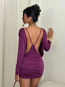 Aloruh Vestido de manga larga nuevo para otoño/invierno para mujer, vestido morado profundo, vestido sexy sin espalda, vestido mini para salir de noche, cita nocturna, club, vestidos elegantes para mujer - Rojo violeta - Ver 11
