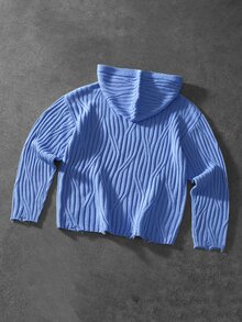 Manfinity CasualKnits كنزة هودي رجالية بلون موحد وأكمام طويلة وقصة فضفاضة كاجوال - الأزرق - مشاهدة 3