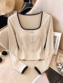 SHEIN تي شيرت نسائي بتصميم بسيط بلون مشمشي موحد، بياقة مربعة وأكمام طويلة، بقصة ضيقة مرنة، مناسب للارتداء اليومي، مزين بأزرار، تصميم بسيط، صيفي، متعدد الاستخدامات - لون مشمشي - مشاهدة 5