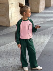 Elladie kids Young Tween Girls Pink Emerald Green Round Neck Long Sleeve Top Wide Leg Pants Bow Embroidery 2 Pieces Set Autumn/Winter School Athletic Cute - Multicolor - View 9
