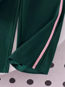Elladie kids Young Tween Girls Pink Emerald Green Round Neck Long Sleeve Top Wide Leg Pants Bow Embroidery 2 Pieces Set Autumn/Winter School Athletic Cute - Multicolor - View 6
