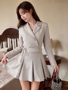 Tideelle Ins Style Design Tie Waist Short Blazer & High Waist Pleated A-Line Skirt Sweet Cool Commuter Women's 2 Pieces Set - Khaki - View 1