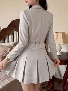 Tideelle Ins Style Design Tie Waist Short Blazer & High Waist Pleated A-Line Skirt Sweet Cool Commuter Women's 2 Pieces Set - Khaki - View 2