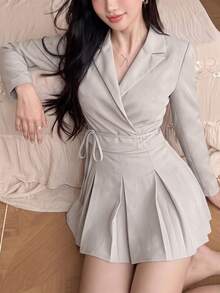 Tideelle Ins Style Design Tie Waist Short Blazer & High Waist Pleated A-Line Skirt Sweet Cool Commuter Women's 2 Pieces Set - Khaki - View 5
