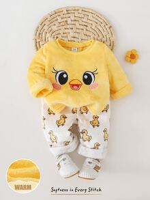 Cozy Pixies 男嬰卡通動物刺繡長袖上衣與長褲家居服，適合秋冬穿著 - 彩色 - 查看 1