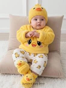 Cozy Pixies 男嬰卡通動物刺繡長袖上衣與長褲家居服，適合秋冬穿著 - 彩色 - 查看 6