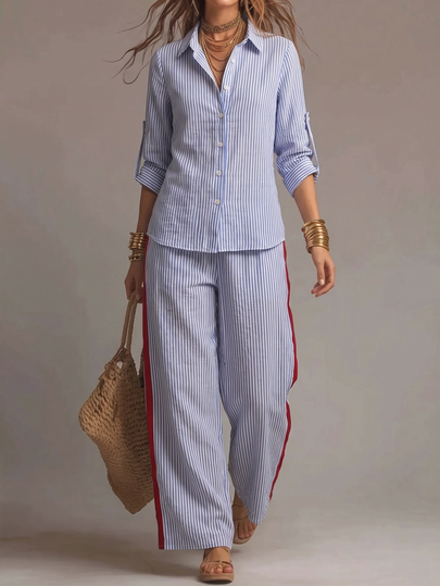 SHEIN Holidaya New Early Autumn Casual Striped 2 Pieces Set Women's Outfit, Turn-Down Collar Roll-Up Sleeve Long Sleeve Shirt + Side Red Ribbon Wide Leg Pants Set, Loose Slimming Draping Commute Vacation Fashion Set