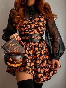 SHEIN LUNE CURVE Plus Halloween Pumpkin Print Contrast Mesh Lantern Sleeve Dress Without Belt Autumn Night Party Black Orange Goth Sexy - Multicolor - View 1