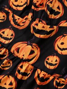 SHEIN LUNE CURVE Plus Halloween Pumpkin Print Contrast Mesh Lantern Sleeve Dress Without Belt Autumn Night Party Black Orange Goth Sexy - Multicolor - View 6