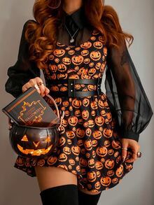 SHEIN LUNE CURVE Plus Halloween Pumpkin Print Contrast Mesh Lantern Sleeve Dress Without Belt Autumn Night Party Black Orange Goth Sexy - Multicolor - View 3