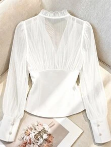Franclia 女款優雅通勤雙排扣襯衫 - 白色 - 查看 2