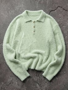 Manfinity Hypemode Old Money Men's Casual Solid Color Sweater, Autumn/Winter Fur, American, Style, Couple Outfit, Dinner Vacation Mint Green - Cadet Blue - View 2