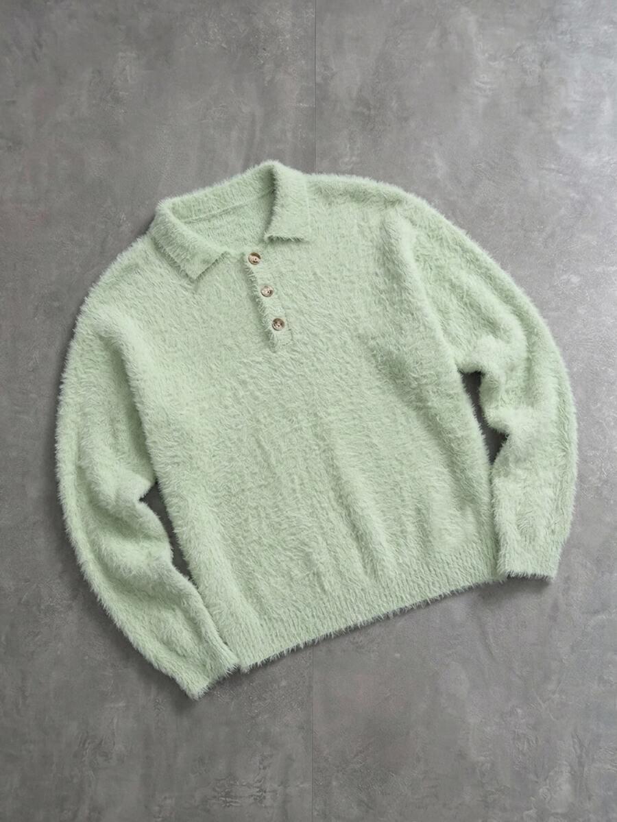 Manfinity Hypemode Old Money Men's Casual Solid Color Sweater, Autumn/Winter Fur, American, Style, Couple Outfit, Dinner Vacation Mint Green - Cadet Blue - View 1