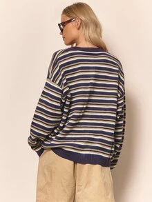 MUSERA Button Oversized Stripe Knit Cardigan Cute Cool Girl Cosy Everyday Clean Casual Old Money Evening Party Elegant Spring Sweater Vacation - Multicolor - View 4