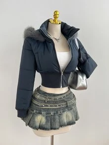 Elamini 女款秋冬時尚街頭風杏色復古拼接短版抓絨連帽收腰立領長袖短版棉襖外套 - 綠色 - 查看 7