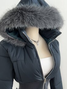 Elamini 女款秋冬時尚街頭風杏色復古拼接短版抓絨連帽收腰立領長袖短版棉襖外套 - 綠色 - 查看 5