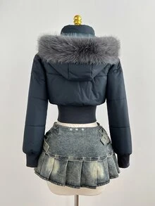Elamini 女款秋冬時尚街頭風杏色復古拼接短版抓絨連帽收腰立領長袖短版棉襖外套 - 綠色 - 查看 3