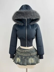 Elamini 女款秋冬時尚街頭風杏色復古拼接短版抓絨連帽收腰立領長袖短版棉襖外套 - 綠色 - 查看 6