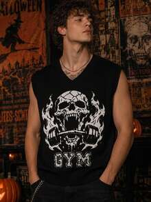 Manfinity CasualKnits Men's Dark Style Jacquard Colorblock Hip Hop Knit Vest Goth Skull - Black - View 3