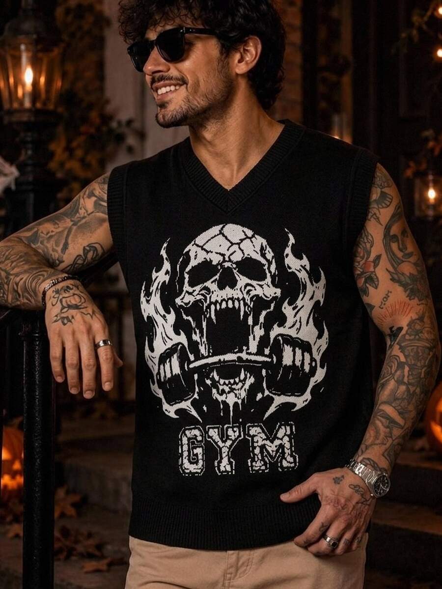 Manfinity CasualKnits Men's Dark Style Jacquard Colorblock Hip Hop Knit Vest Goth Skull - Black - View 1