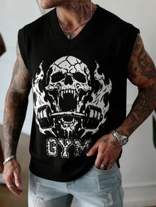 Manfinity CasualKnits Men's Dark Style Jacquard Colorblock Hip Hop Knit Vest Goth Skull - Black - View 7