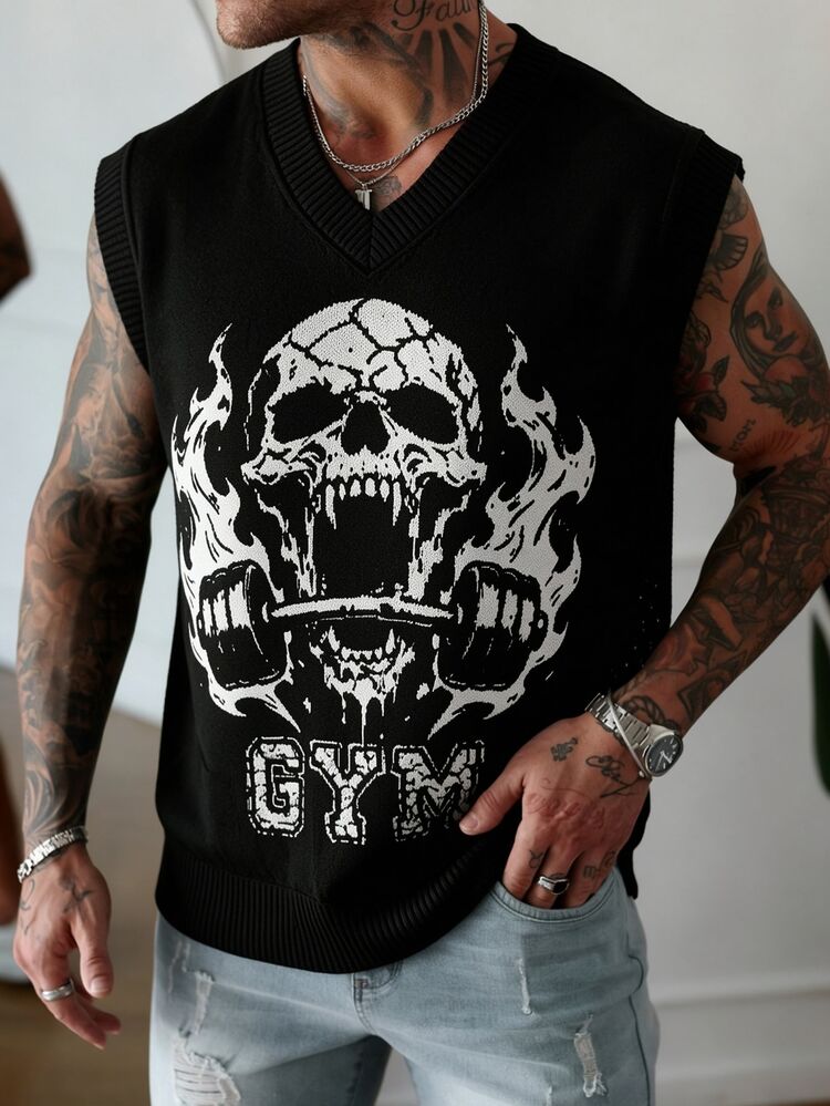 Manfinity CasualKnits Men's Dark Style Jacquard Colorblock Hip Hop Knit Vest Goth Skull - Black - View 7