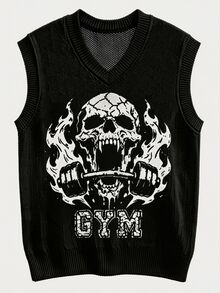 Manfinity CasualKnits Men's Dark Style Jacquard Colorblock Hip Hop Knit Vest Goth Skull - Black - View 2