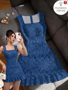 SHEIN Franclia 白色蕾絲 3D 印花方領優雅洋裝，舒適修身顯瘦，適合日常通勤與工作，2026 夏季新款女款無袖雞尾酒派對晚宴迷你洋裝，收腰設計 - 寶藍色 - 查看 1