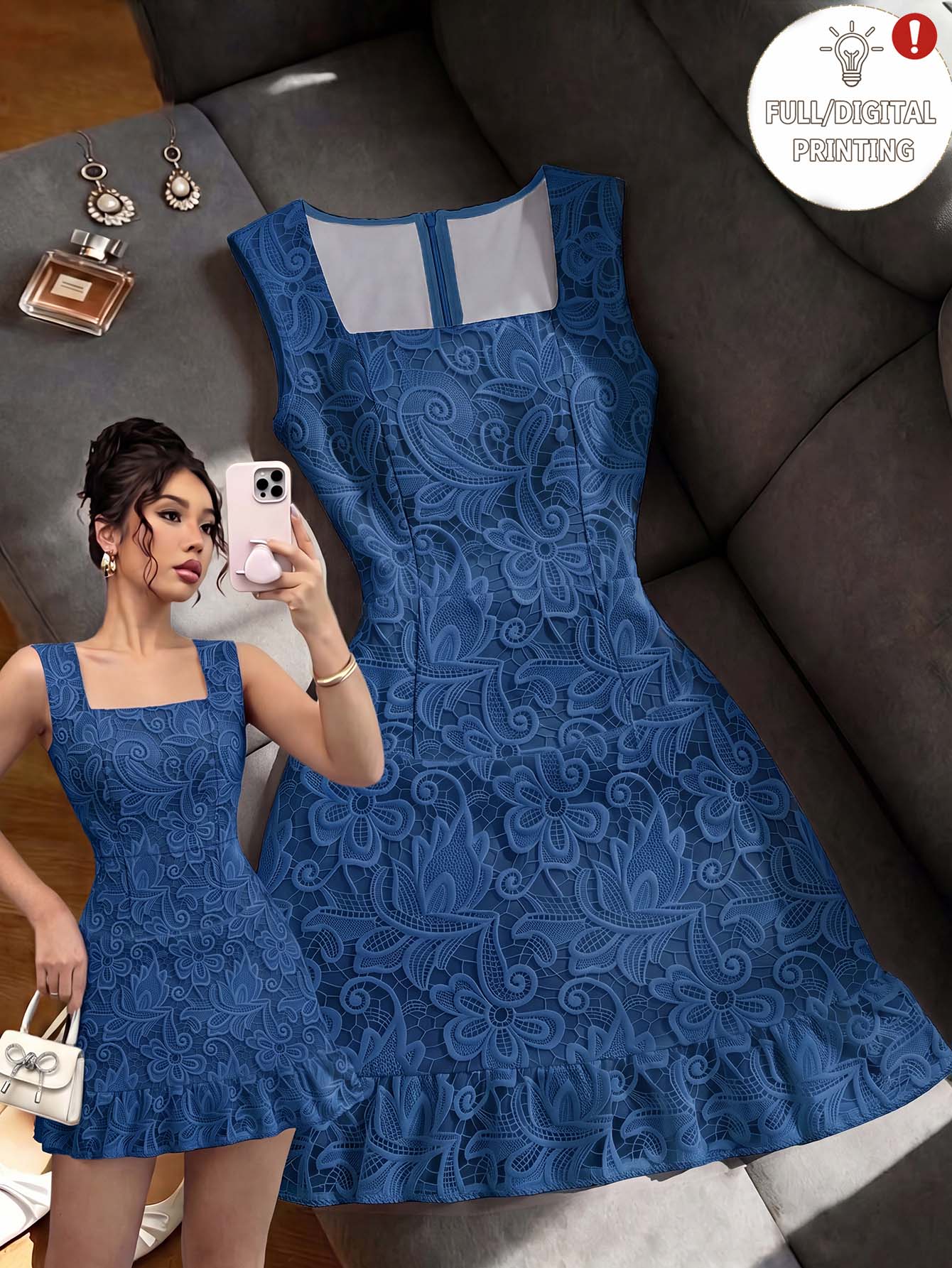 SHEIN Franclia 白色蕾絲 3D 印花方領優雅洋裝,舒適修身顯瘦,適合日常通勤與工作,2026 夏季新款女款無袖雞尾酒派對晚宴迷你洋裝,收腰設計 - 寶藍色 - 查看 1